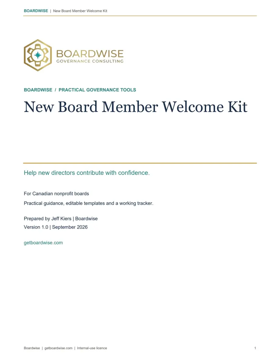 New Board Member Welcome Kit, Boardwise branded cover