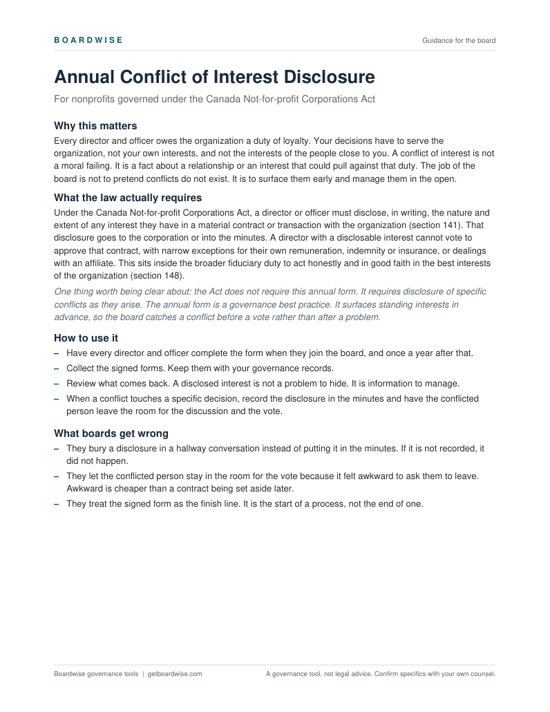 Preview of the board guidance page from the Conflict of Interest Disclosure Kit