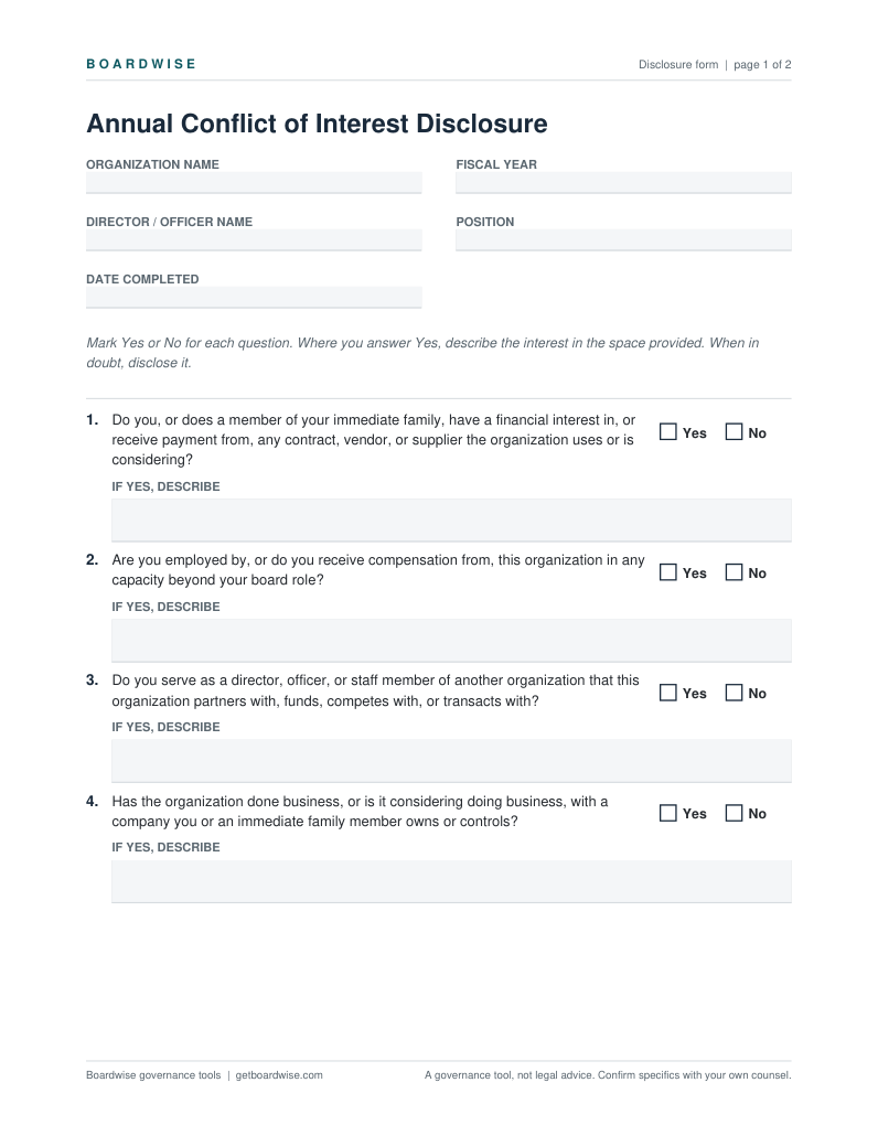 Preview of the annual conflict of interest disclosure form